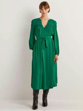 Boden Gathered Yoke Long Sleeve Midi Dress Forest Green Size 4 Petite NWT